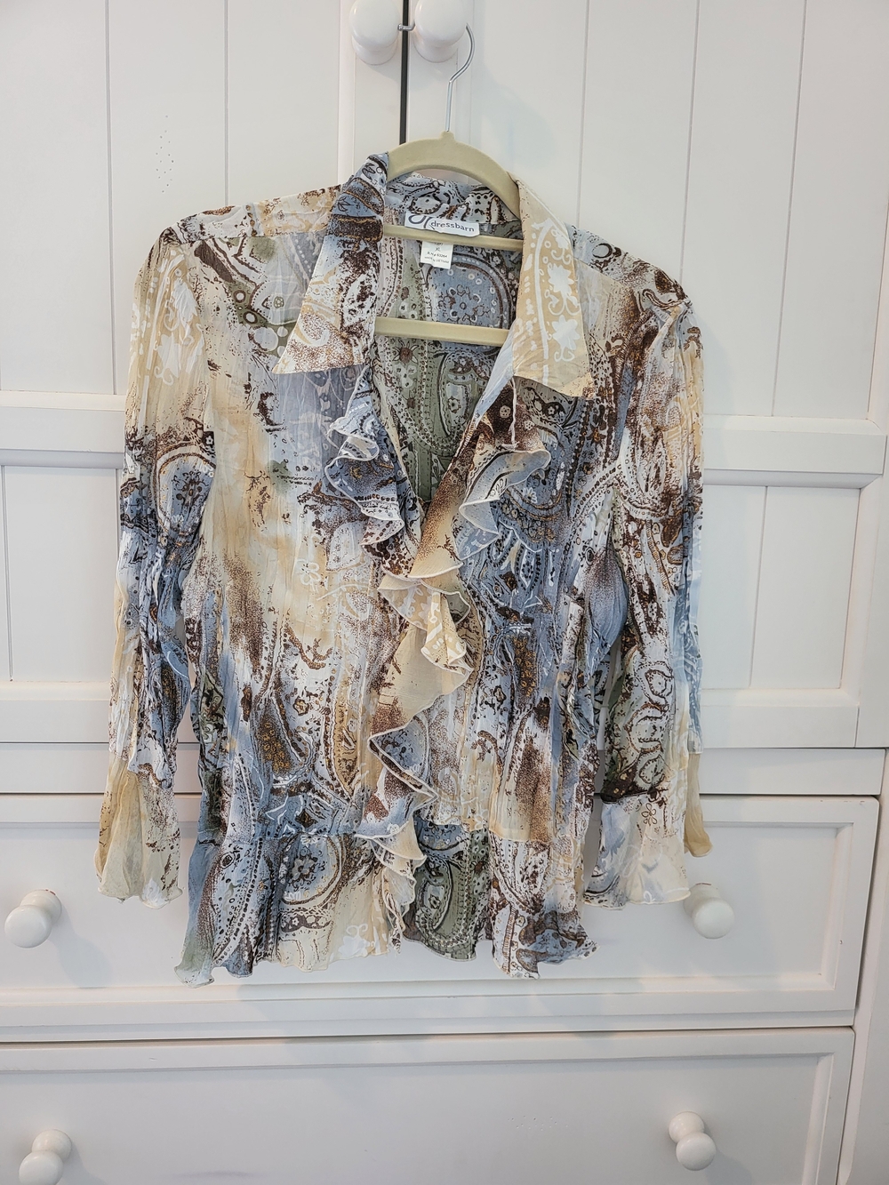 dressbarn Women's XL Sheer Ruffled Blouse Tan/Blue